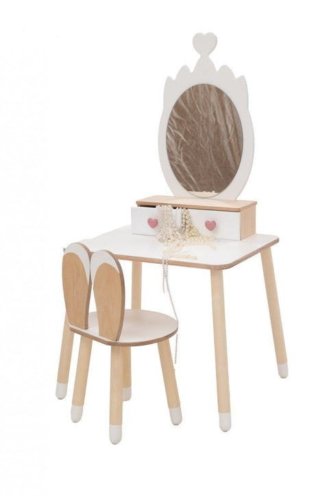 2. Studio shot of white and natural wood princess beauty table with heart-shaped mirror and matching chair