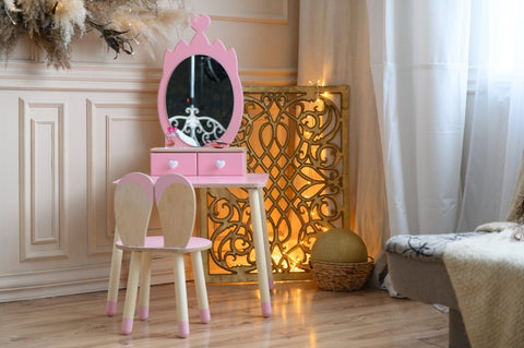 4. Pink princess beauty table with mirror and chair in cozy room with decorative lighting