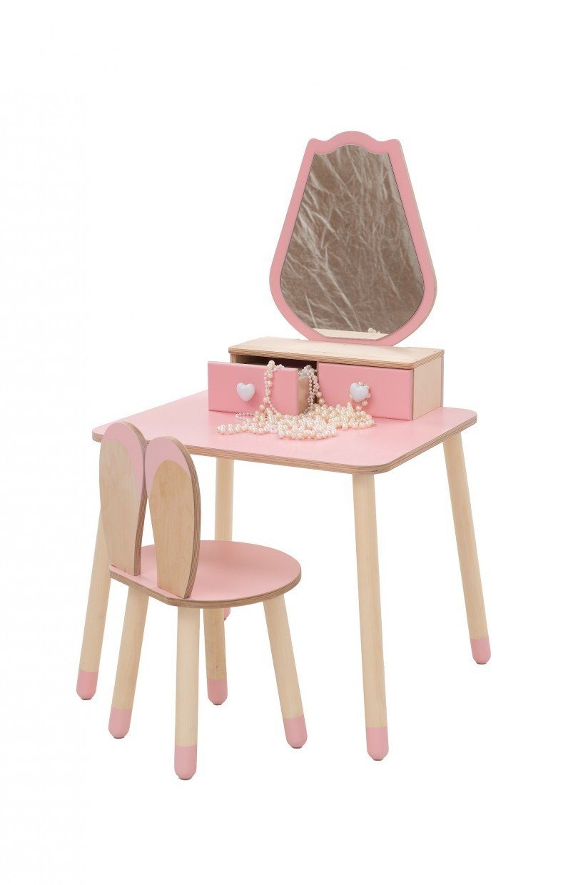 1. Pink princess beauty table with matching chair, featuring a tulip-shaped mirror and drawers, ideal for children's playroom.