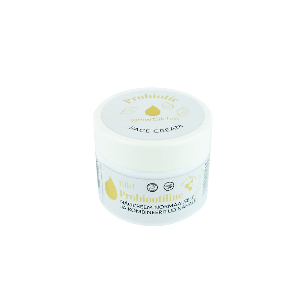 1. Tilk! Probiotic Face Cream for normal and combination skin, 50ml jar with label in studio setting