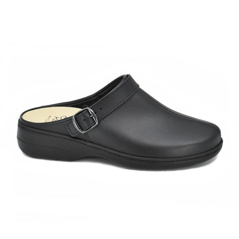 1. Women's black professional sandals by Omaking, featuring a closed-toe slip-on design with adjustable strap, shown in studio setting