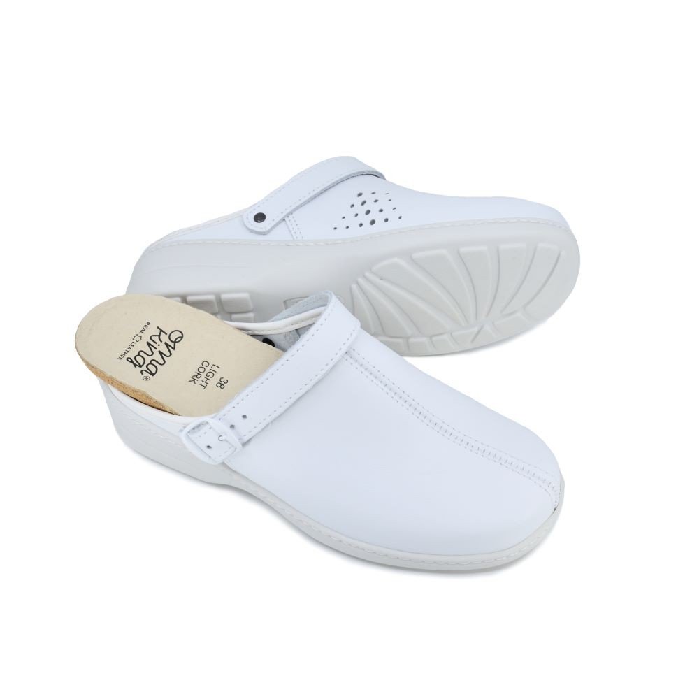 2. Pair of white Omaking Professional Sandals highlighting perforated front and durable PU outsole, shown in studio