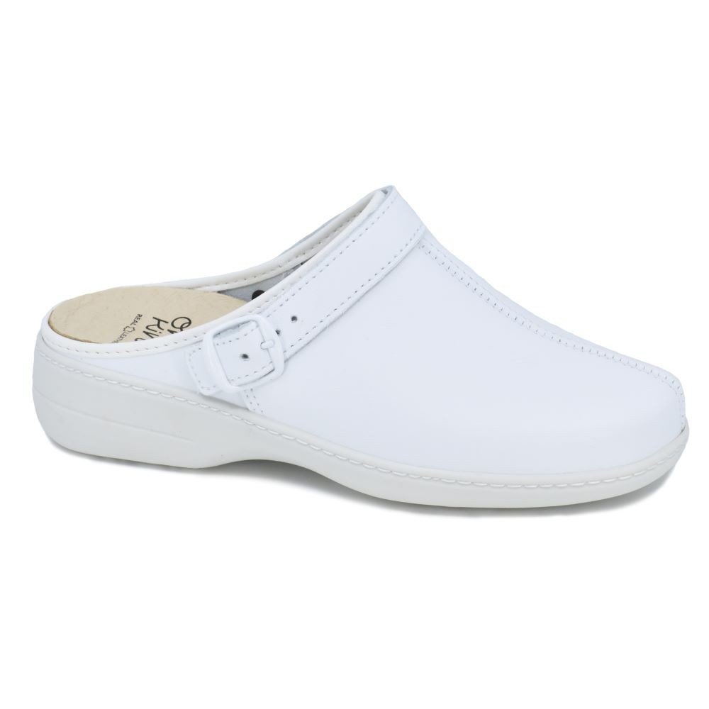 1. Women's white Omaking Professional Sandals with closed-toe slip-on design and adjustable strap, shown in studio setting