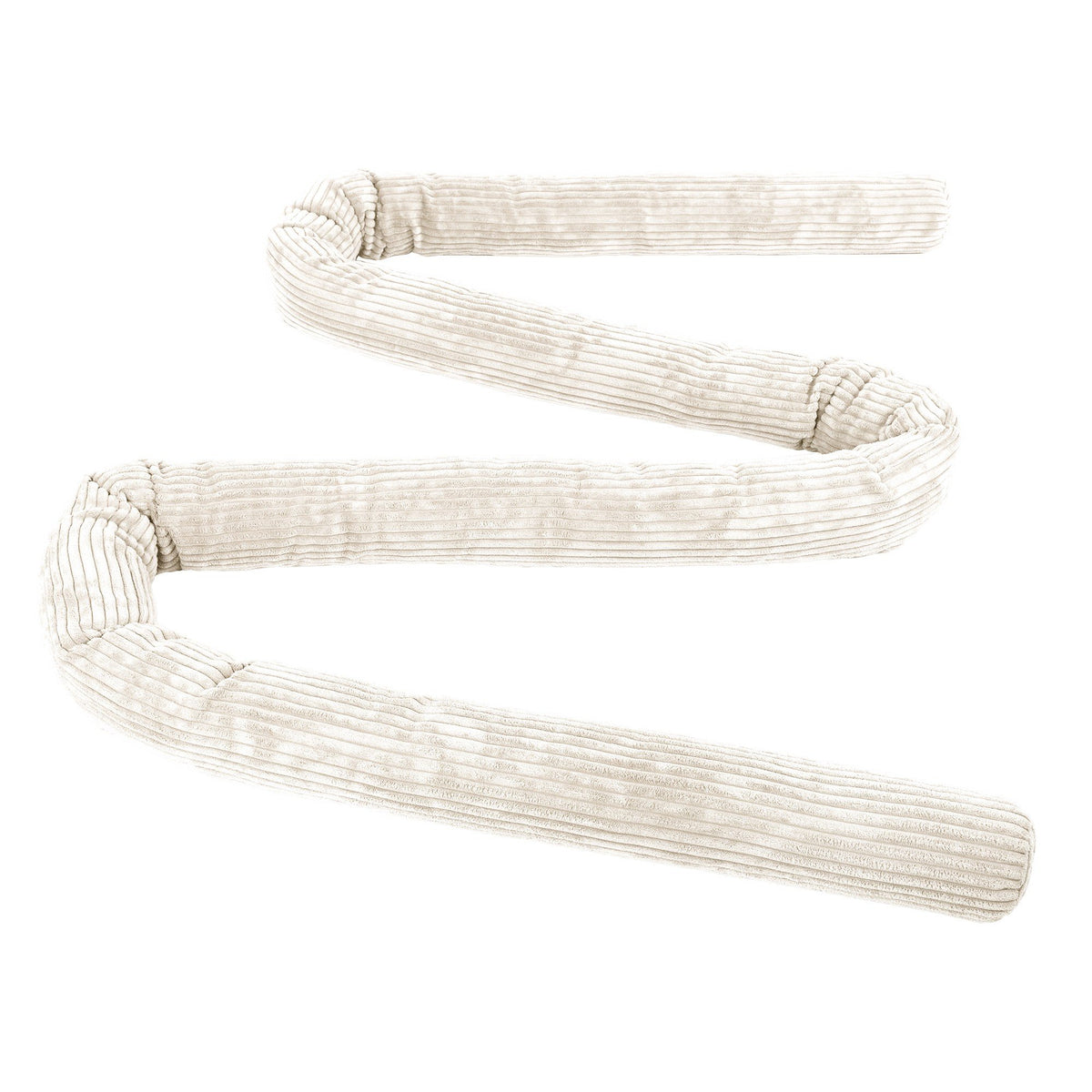 3. Ecru protective roll bumper for baby crib in a zigzag layout, emphasizing soft corduroy texture and flexible construction