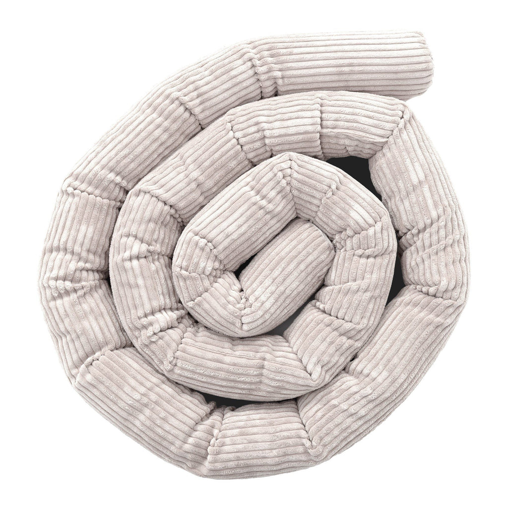 1. Ecru protective roll bumper for baby crib made of soft corduroy fabric, coiled in a spiral shape, showcasing texture and design