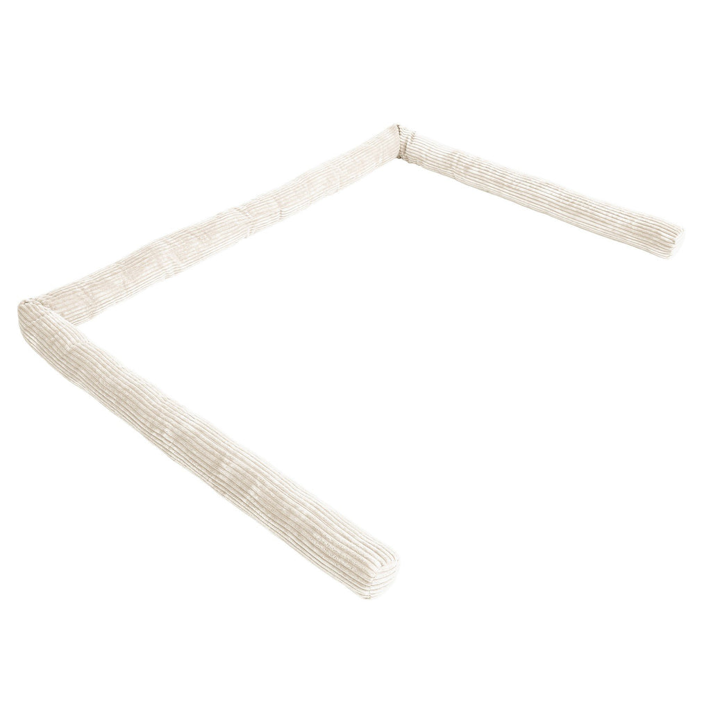 2. Ecru protective roll bumper for baby crib laid out in a square shape, highlighting flexibility and soft corduroy material