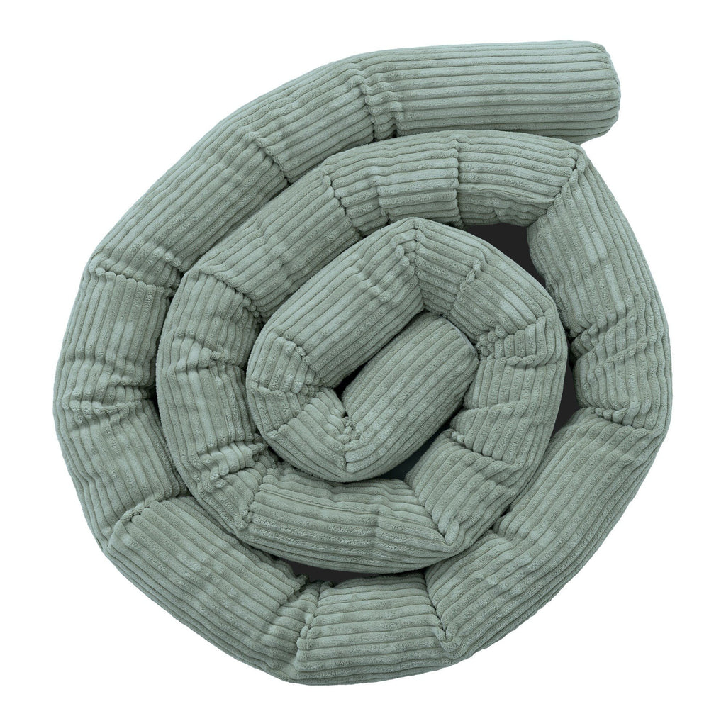 1. Olive green protective roll bumper for baby crib made from soft corduroy fabric, coiled in a spiral shape, highlighting texture and design