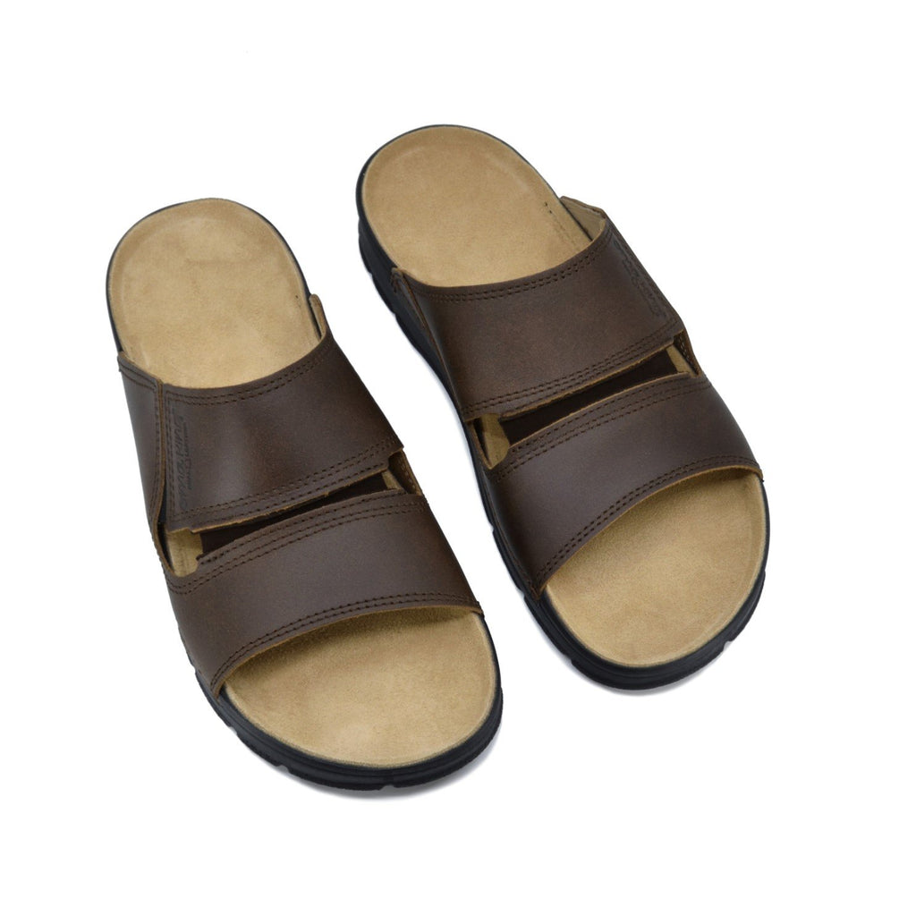 2. Top view of Omaking Miku Sandals in brown leather, featuring slip-on design and anatomically supportive outsole