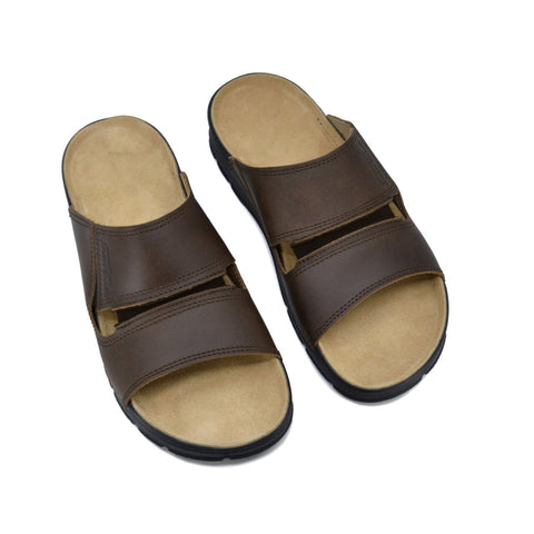 2. Top view of Omaking Miku Sandals in brown leather, featuring slip-on design and anatomically supportive outsole