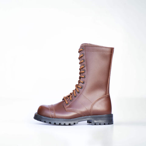 3. Side view of unisex brown Samelin 516 High Aviator Boots in studio, featuring lace-up design and sturdy sole