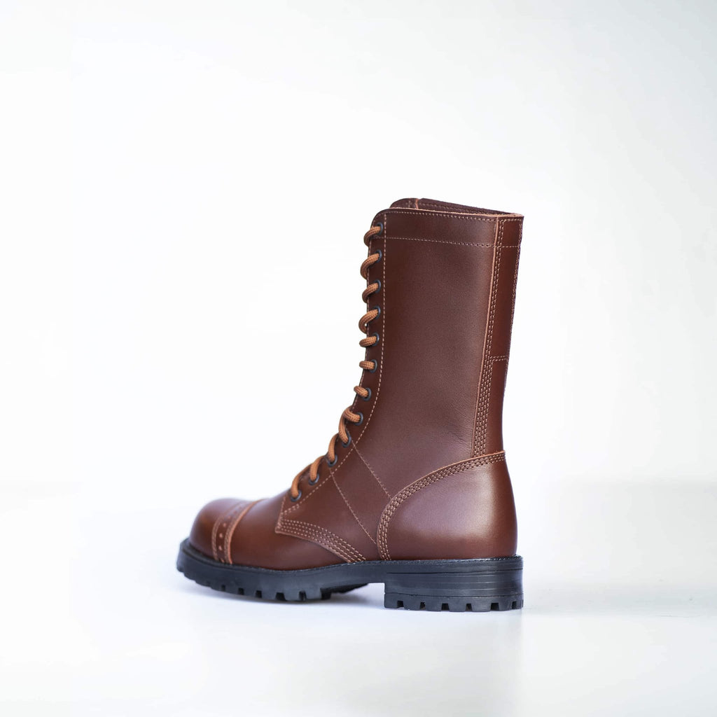 4. Angled view of unisex brown Samelin 516 High Aviator Boots, emphasizing leather material and robust construction