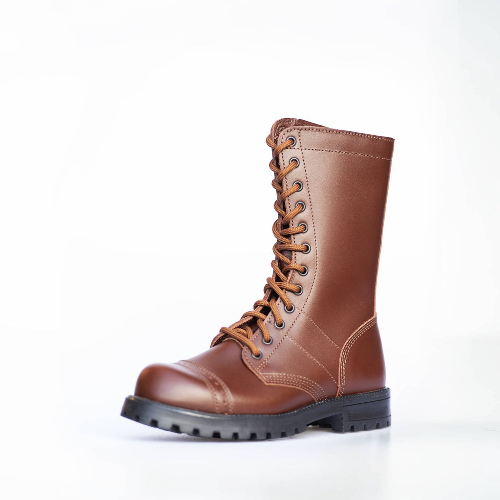 1. Unisex brown Samelin 516 High Aviator Boots in studio setting, showcasing water-repellent leather and durable design