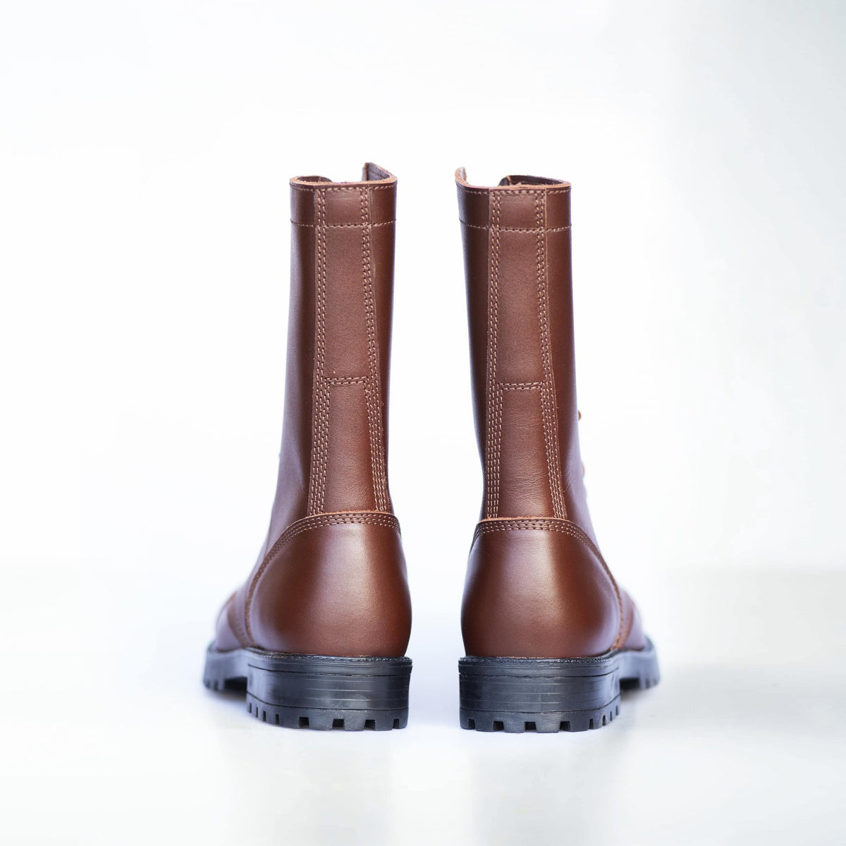 2. Back view of unisex brown Samelin 516 High Aviator Boots highlighting leather construction and rugged outsole