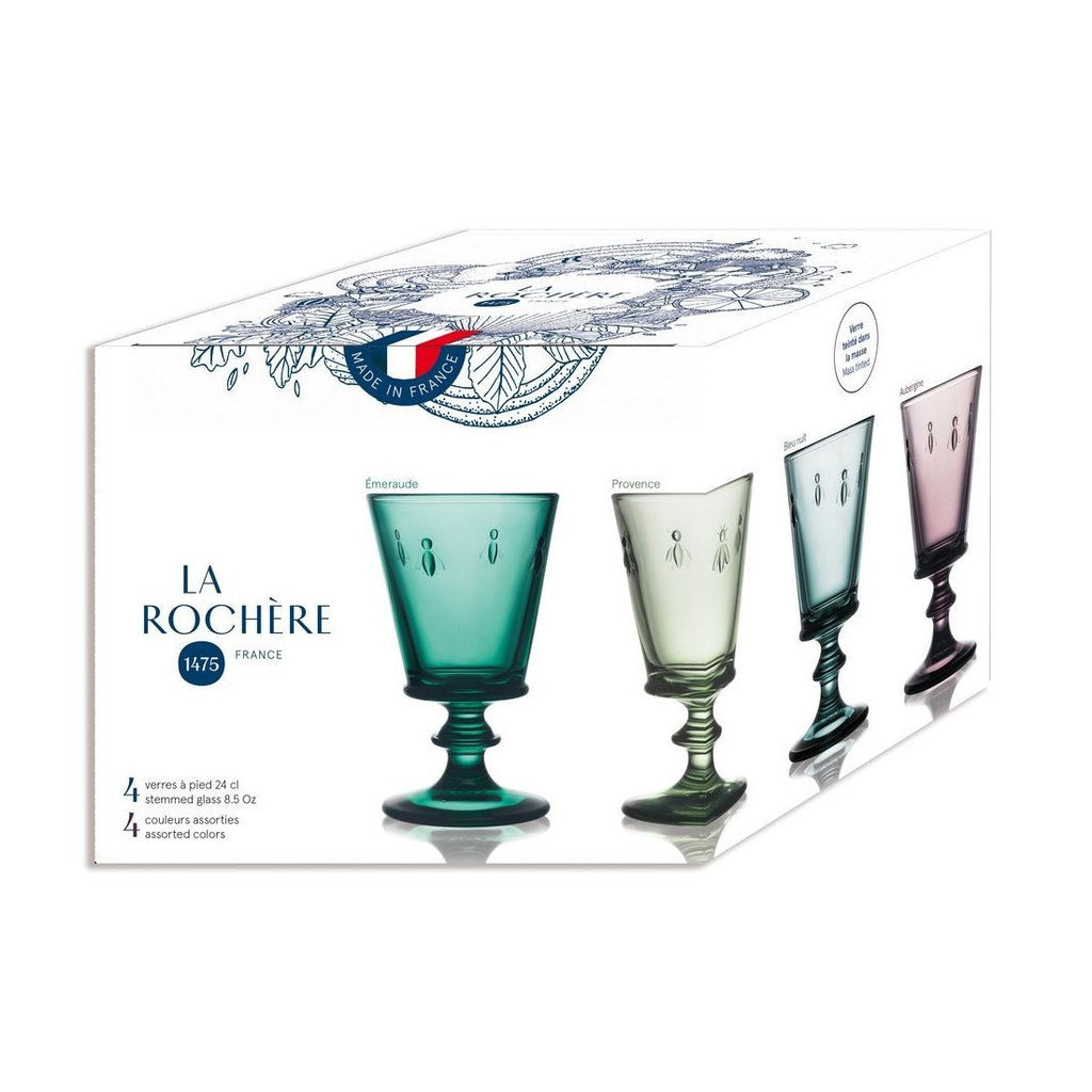 7. Packaging of La Rochère Bee Glasses set of 4 in assorted colors with embossed bee motif