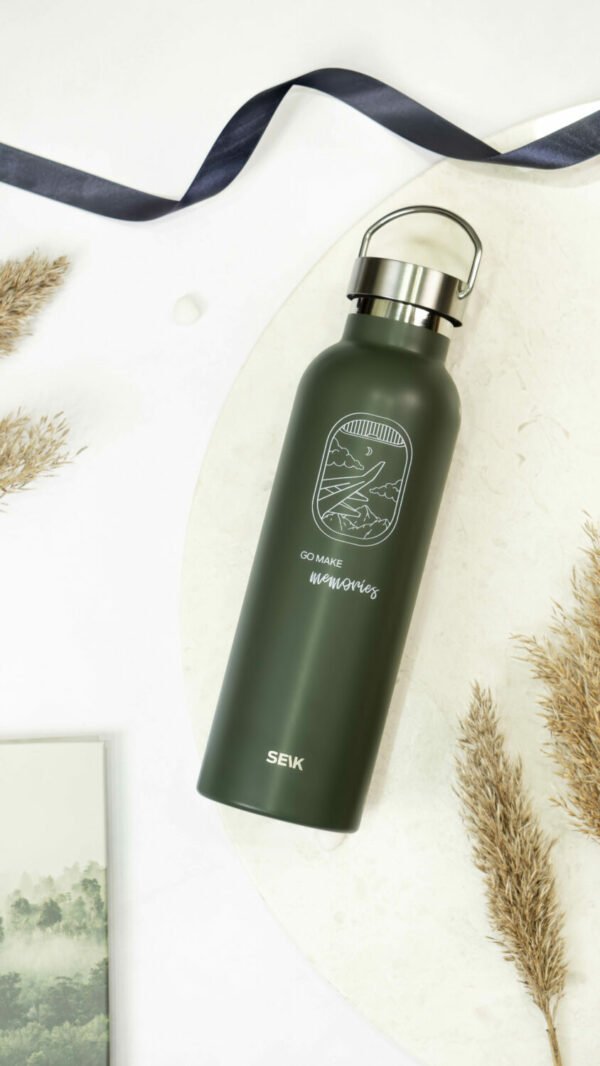 3. SEIK green water bottle thermos with 'Go Make Some Memories' design, shown on a white background
