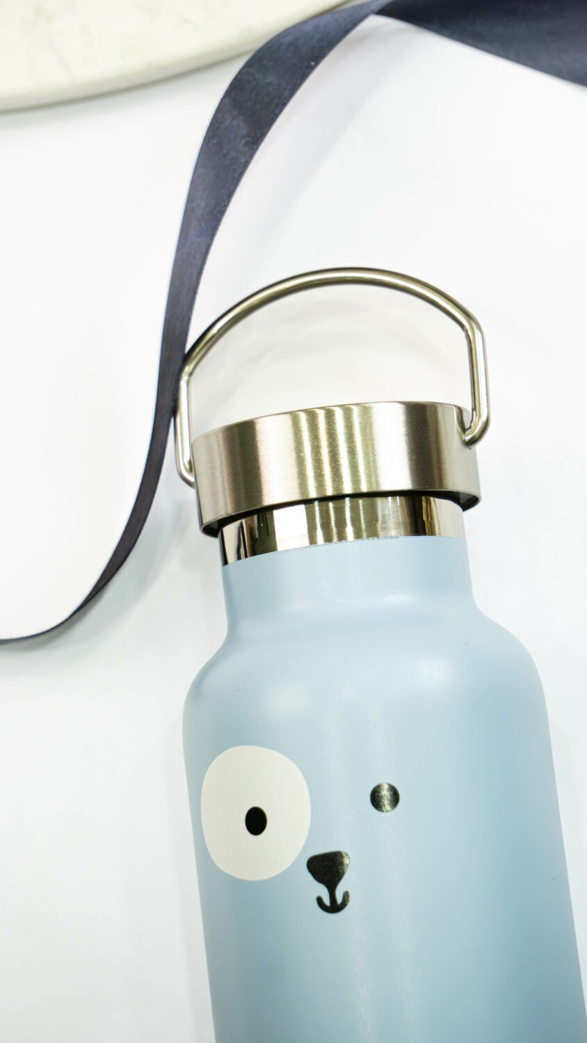 1. Close-up of SEIK blue puppy-themed stainless steel water bottle with handle, 350ml