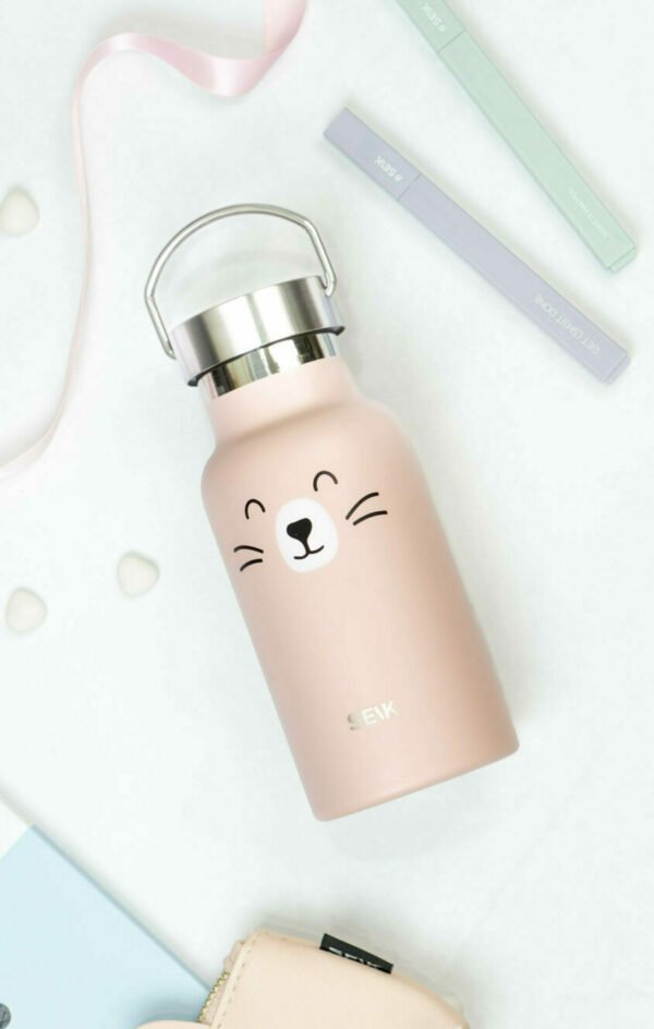 4. SEIK pink cat-themed stainless steel water bottle with vacuum-insulated cap, displayed in a flat lay