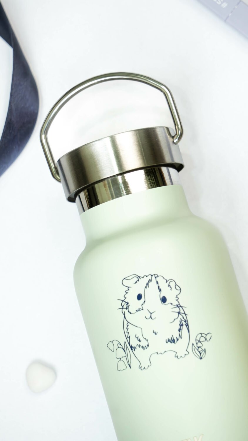 1. Light green SEIK water bottle with guinea pig design, shown with stainless steel cap in lifestyle setting