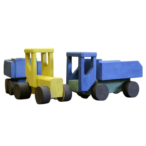 3. Close-up of painted Adensen Villi wooden trucks in blue and yellow, highlighting color options