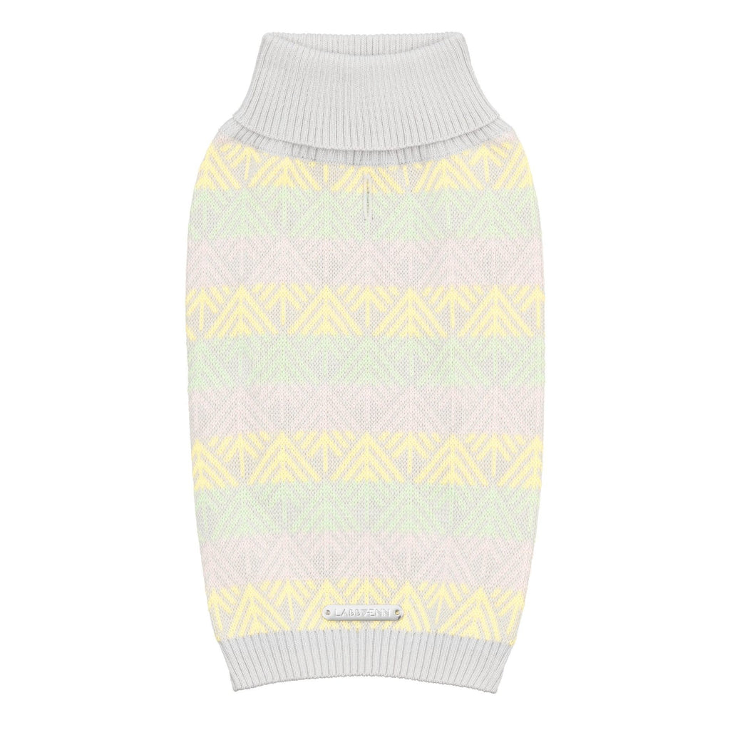 1. Grey dog sweater with pastel stripes and unique pattern, featuring a ribbed collar and shiny metal Labbvenn logo on the back