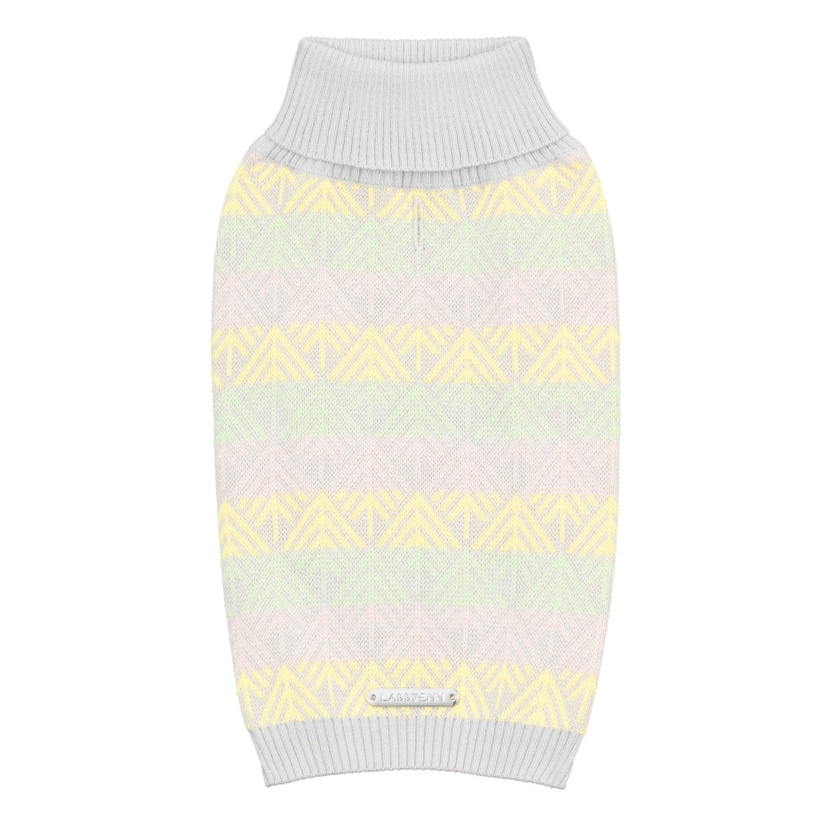 1. Grey dog sweater with pastel stripes and unique pattern, featuring a ribbed collar and shiny metal Labbvenn logo on the back