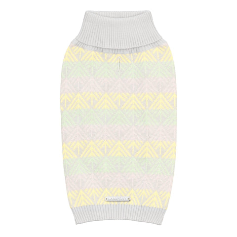 1. Grey dog sweater with pastel stripes and unique pattern, featuring a ribbed collar and shiny metal Labbvenn logo on the back