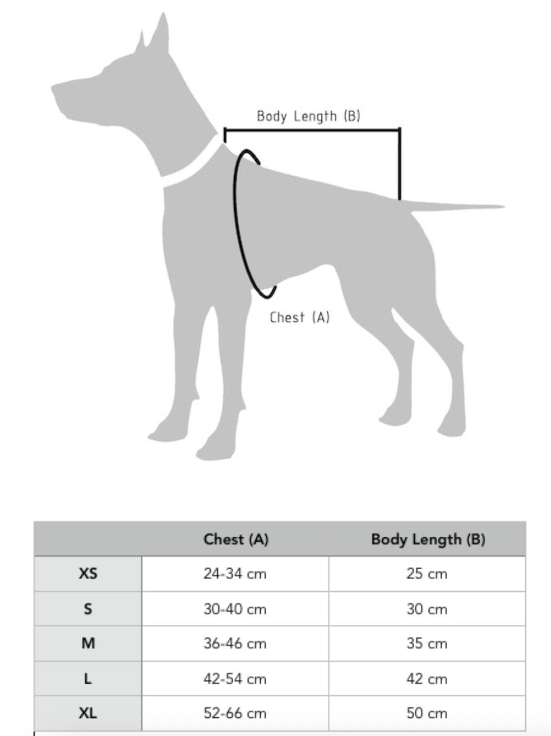 3. Size chart for dog sweaters showing chest and body length measurements in centimeters for sizes XS to XL