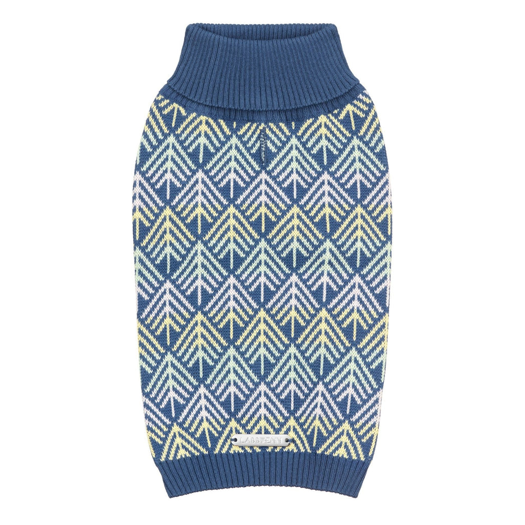 2. Navy blue dog sweater with pastel geometric pattern and ribbed collar, shown flat with Labbvenn logo on a white background