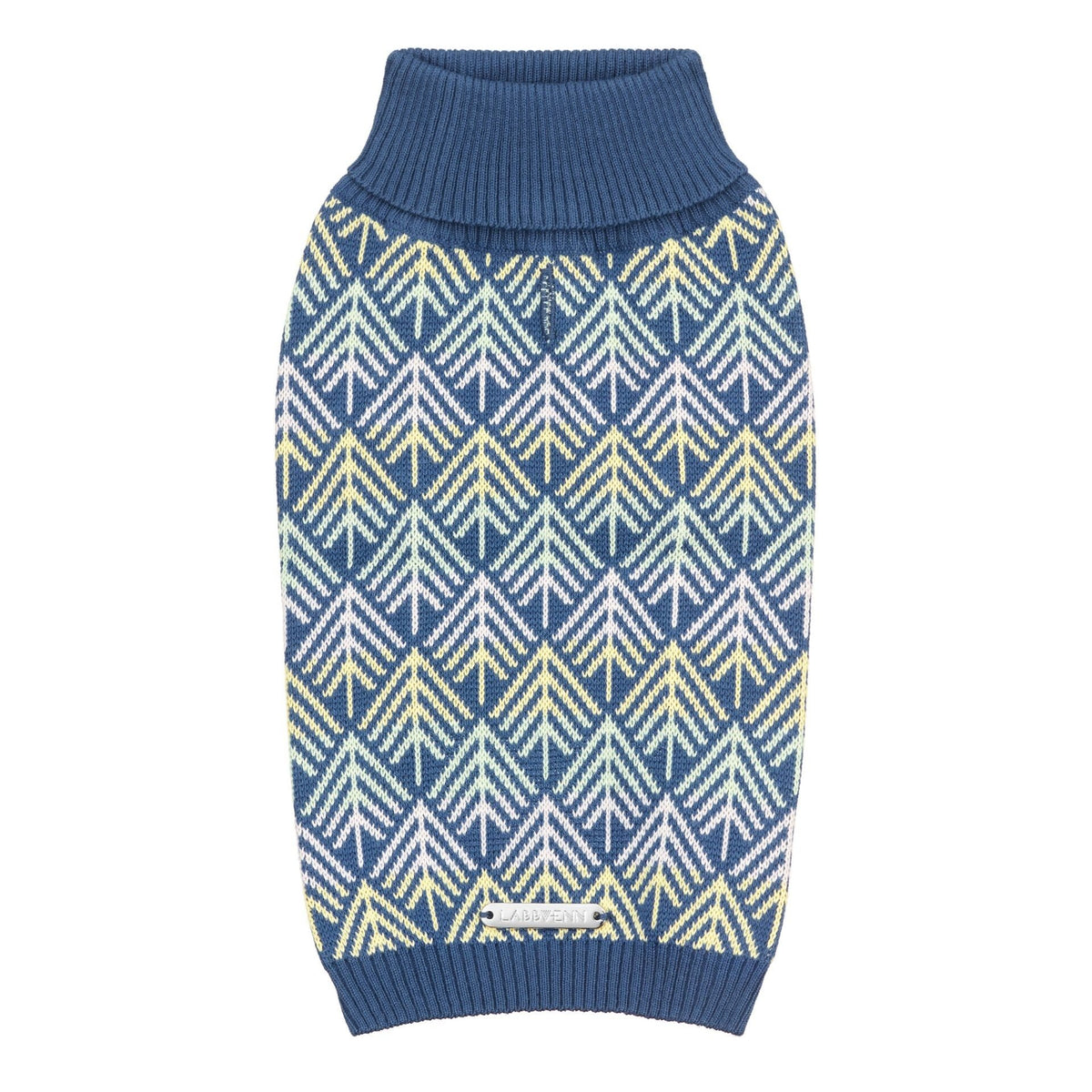 2. Navy blue dog sweater with pastel geometric pattern and ribbed collar, shown flat with Labbvenn logo on a white background