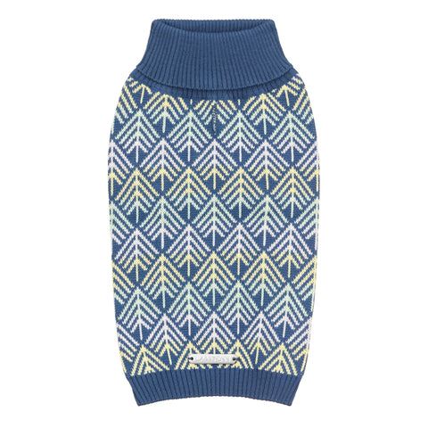 2. Navy blue dog sweater with pastel geometric pattern and ribbed collar, shown flat with Labbvenn logo on a white background