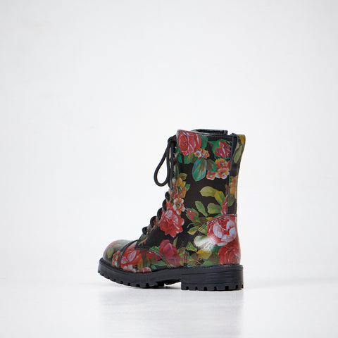 1. Studio shot of Samelin 511 Red Roses boots in floral pattern, side view showing zipper and lace-up design