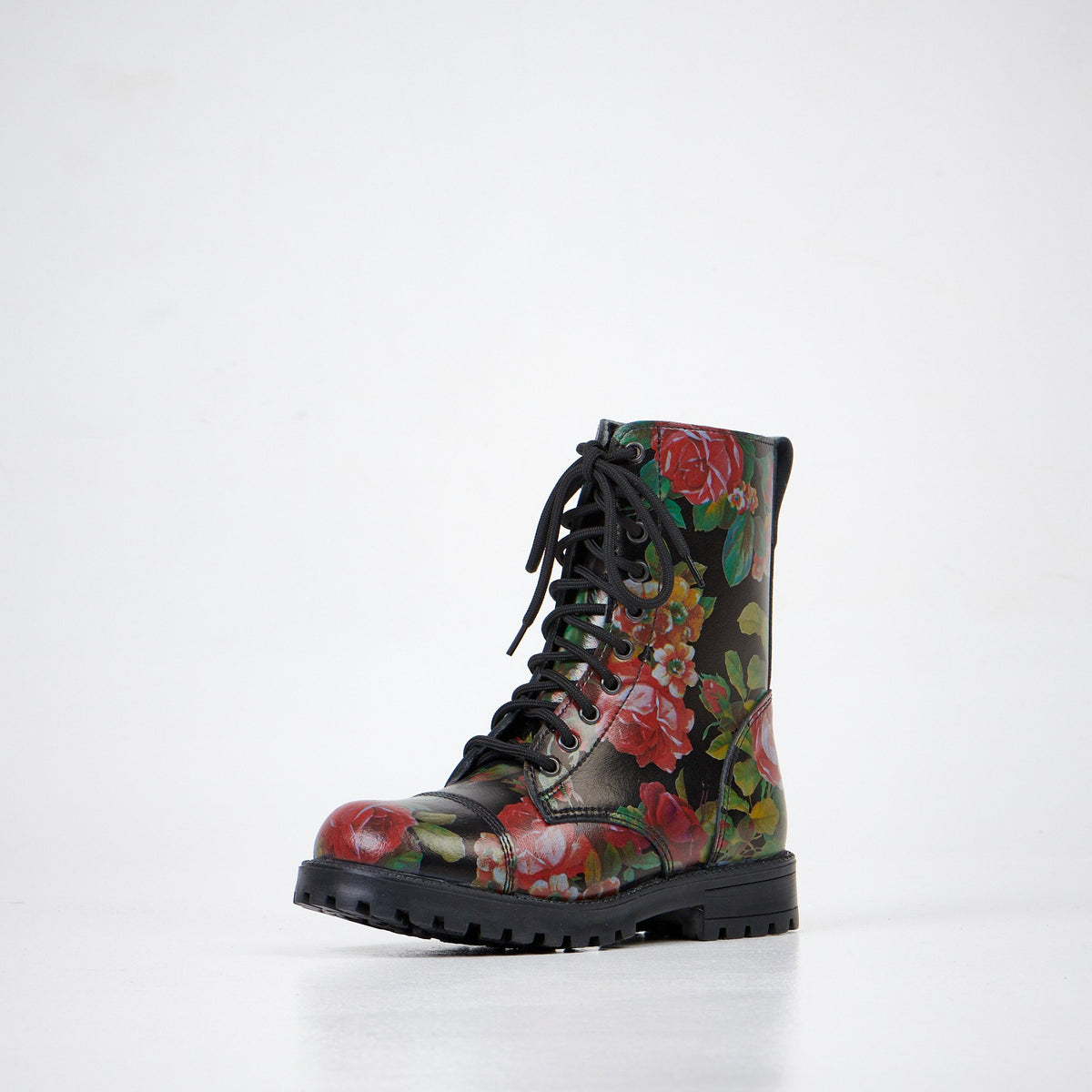 2. Front angled view of Samelin 511 Red Roses boots with floral design, highlighting lace-up style and rugged sole