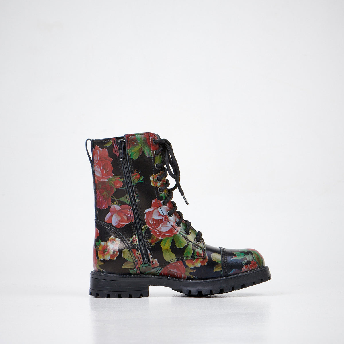 2. Studio image of Samelin 511 Red Roses boots, side view highlighting floral design and zipper