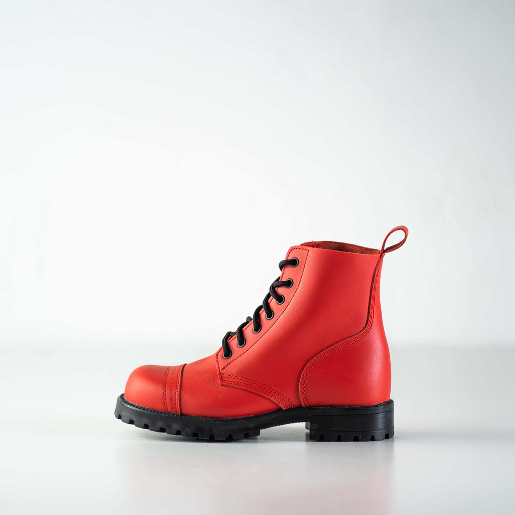 4. Left side view of unisex red Aviator Boots by Samelin, emphasizing rugged sole and leather finish