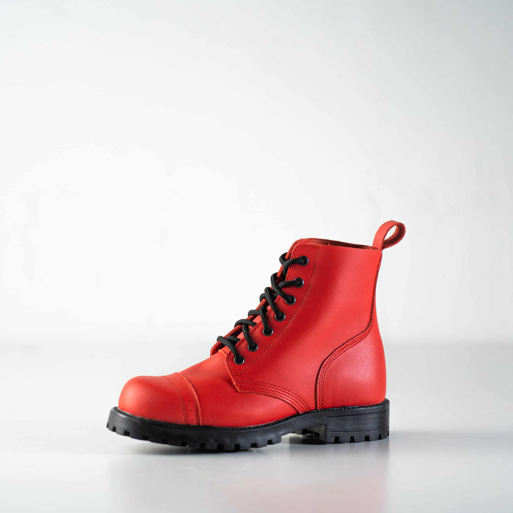 1. Unisex red Aviator Boots by Samelin in studio setting, showcasing water-repellent leather and durable PU outsole