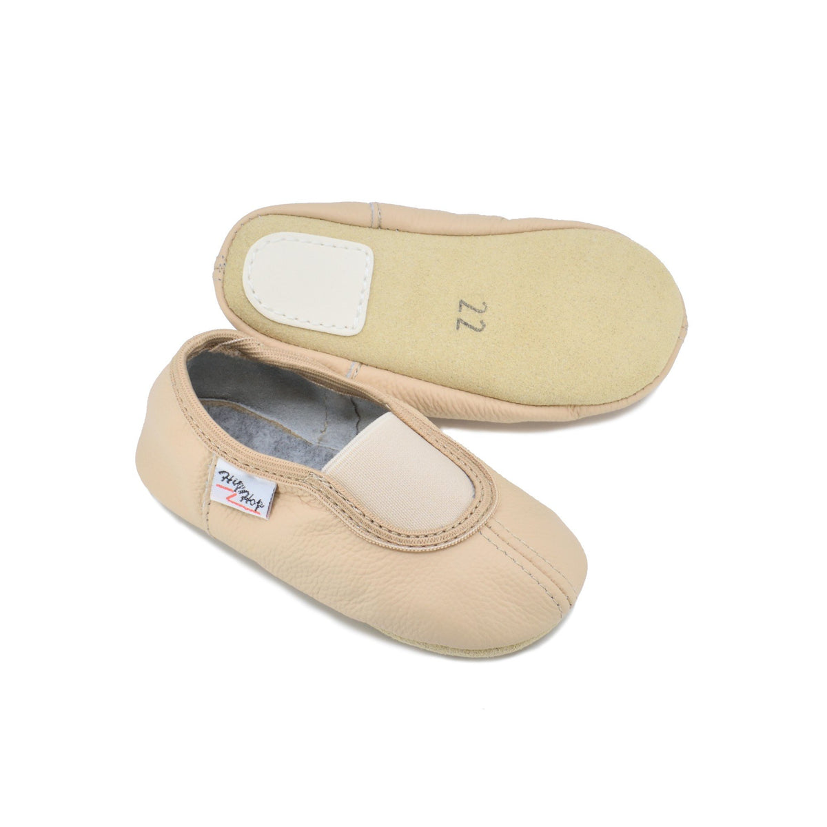 2. Kids' beige leather slippers by Hip-Hop, showing top and bottom view with non-slip rubber patch