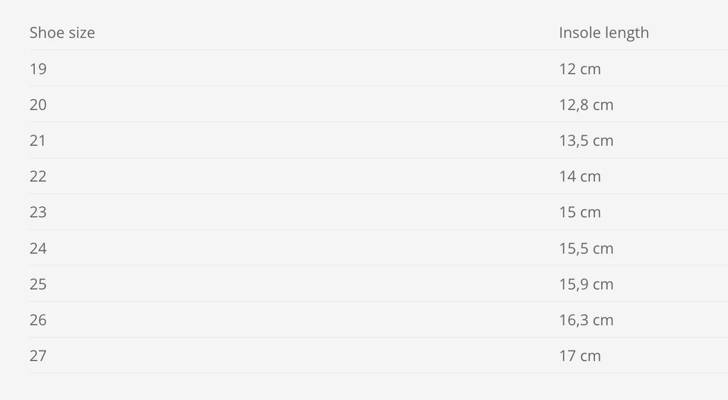 4. Size chart for Hip-Hop kids' slippers, showing shoe sizes 19 to 27 with insole lengths in cm