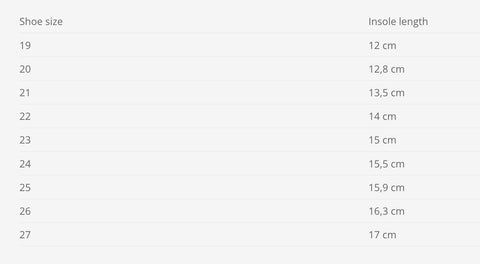 4. Size chart for Hip-Hop kids' slippers, showing shoe sizes 19 to 27 with insole lengths in cm