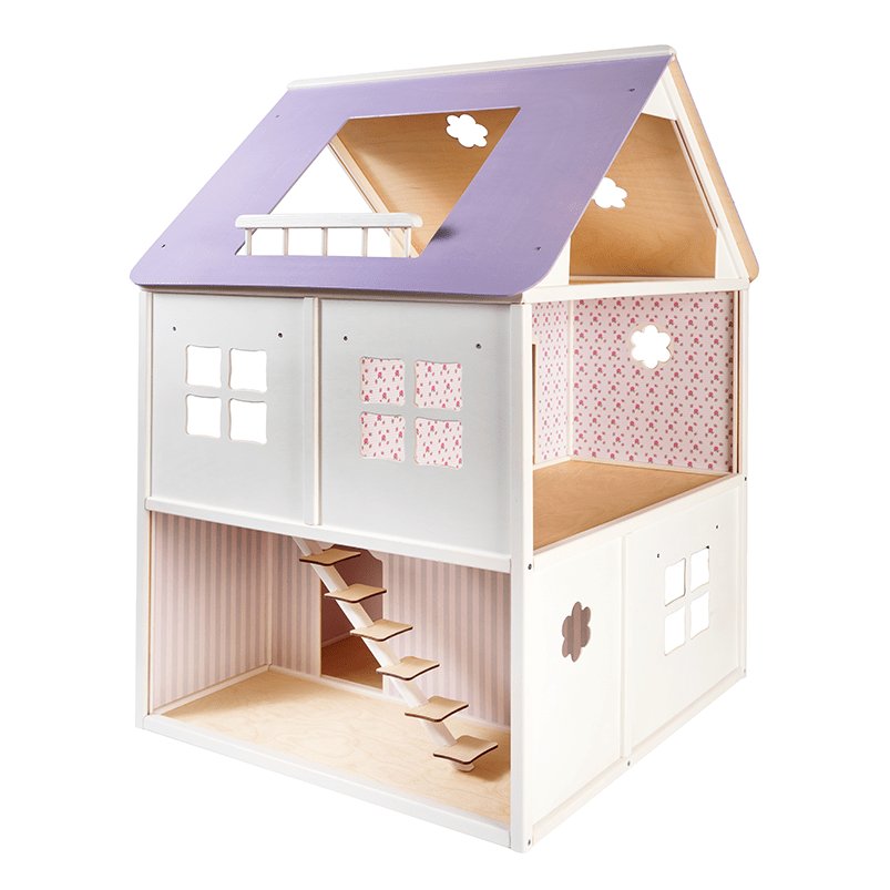 1. White wooden dollhouse with lilac roof featuring four rooms and staircase, showcasing floral wallpaper and open windows