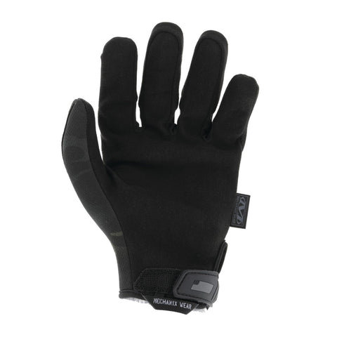 1. Black Mechanix tactical glove with touchscreen capability, showing palm side with seamless microfiber synthetic leather and adjustable wrist strap