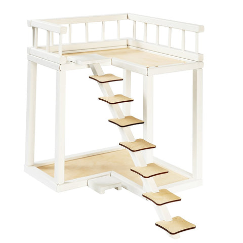 2. White wooden dollhouse balcony with stairs, designed for Rose dollhouse, shown in studio setting
