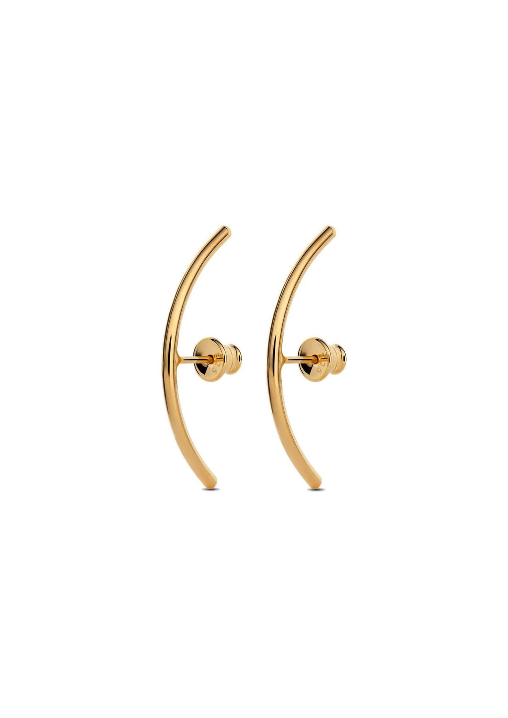4. Studio image of NO MORE Radius gold earrings, showing push-back clasps and curved design