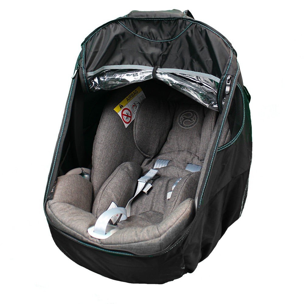 1. Ezimoov Ezi Rain Protect Cosy rain cover on grey infant car seat showing breathable design and integrated storage pouch