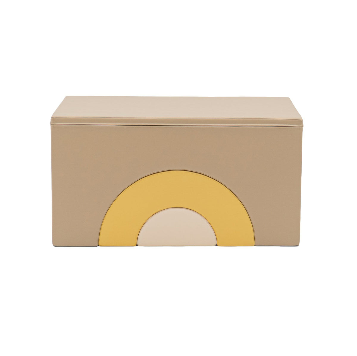 2. Front view of beige and honey soft play block with rainbow design, studio background