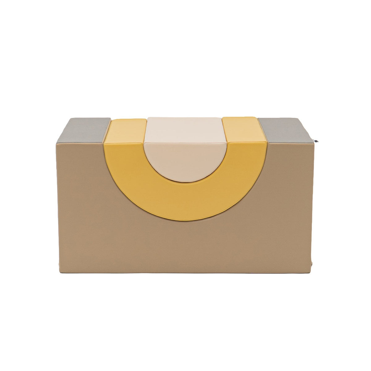 2. Top view of beige and honey soft play block with rainbow design, studio background