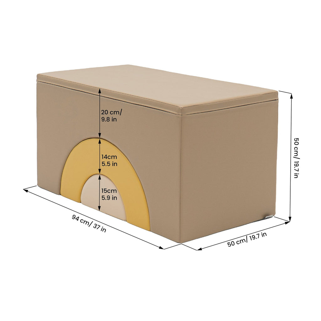 5. Size chart for beige and honey soft play block with dimensions in centimeters and inches