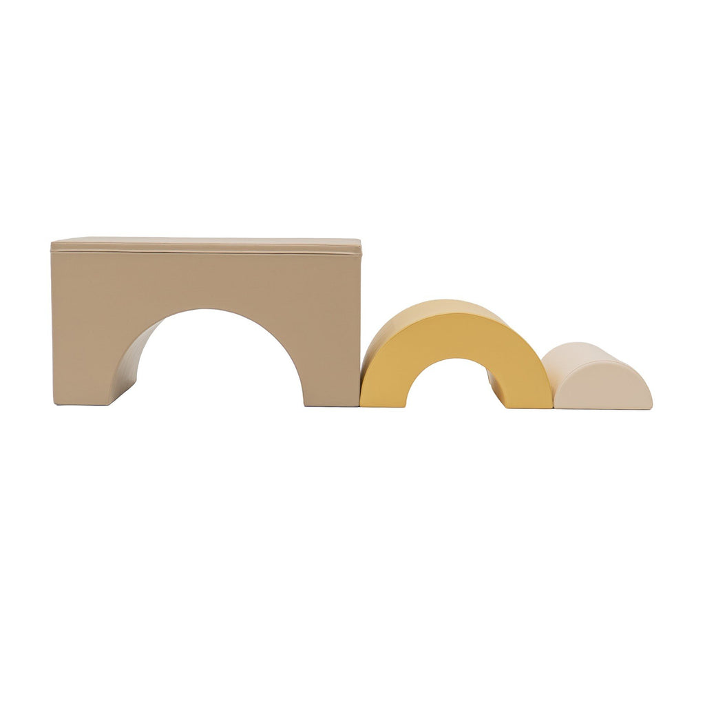 4. Flat lay of modular soft play set in beige and honey, arranged in bridge formation