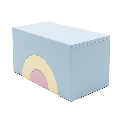 1. Light pastel modular soft play set with rainbow design on blue eco-leather cover, shown in studio setting