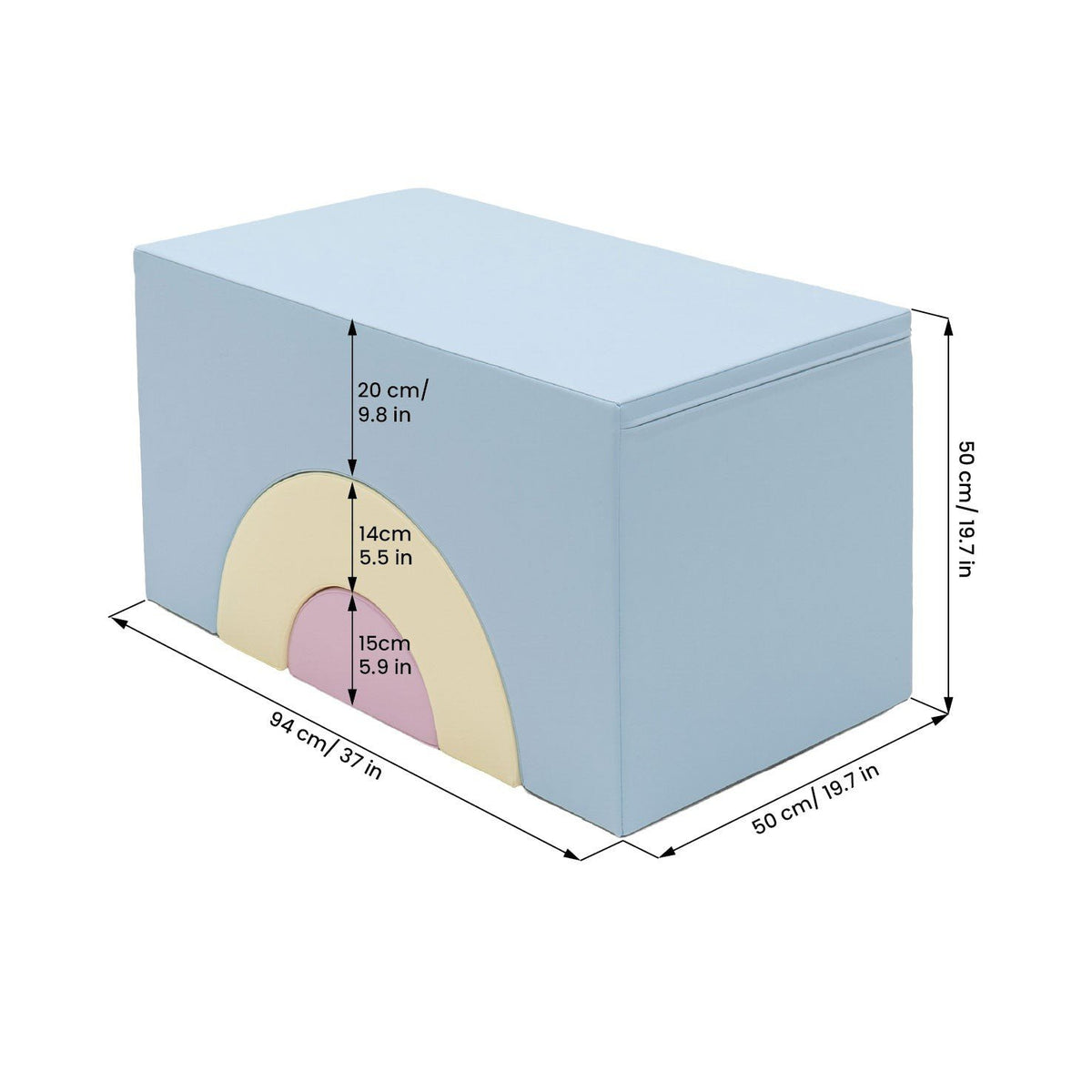 6. Size chart for light pastel soft play set showing dimensions in centimeters and inches