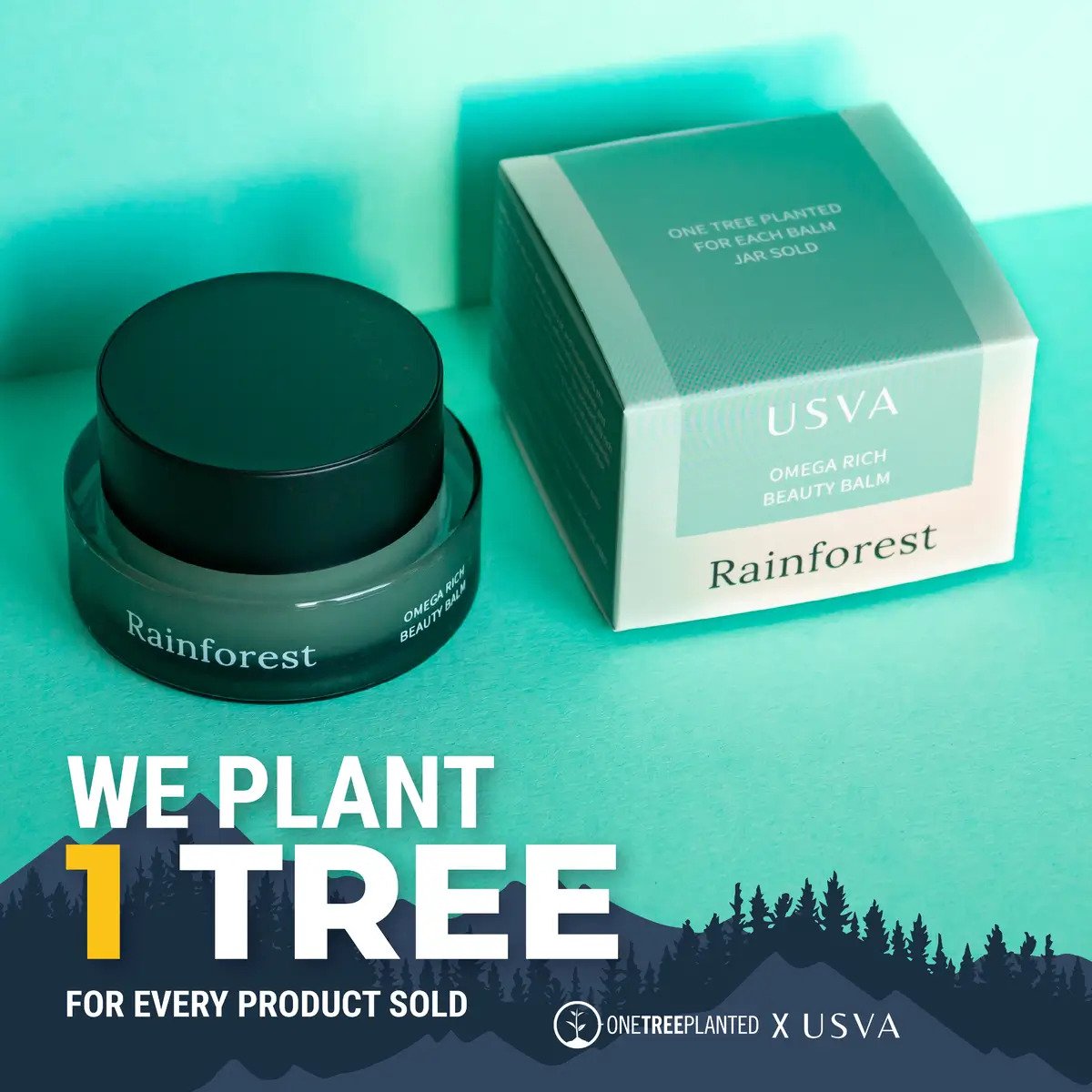 3. Usva Cosmetics Rainforest Omega Rich Beauty Balm with packaging, promoting tree planting initiative